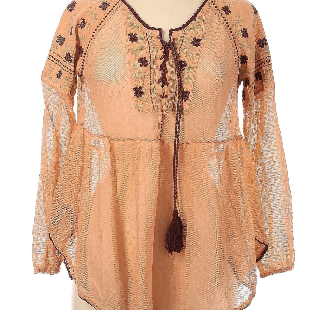 Free People Sheer Roses are Red Peach/Orange Peasant Blouse with Embroidery